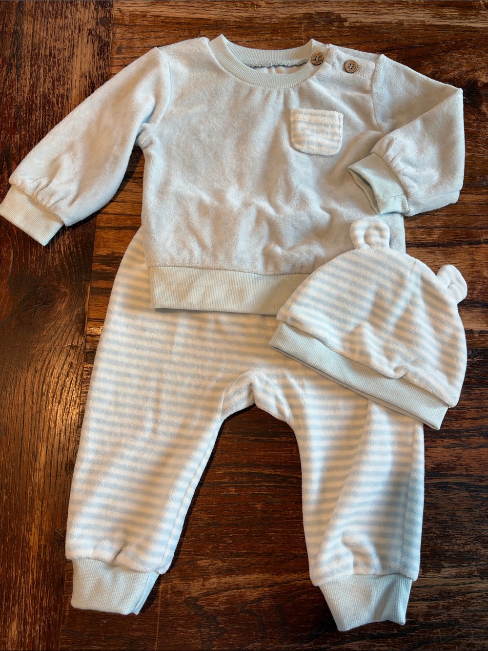 Baby Two-Piece Set with Striped Pants & Bear Ear Hat - Light Blue